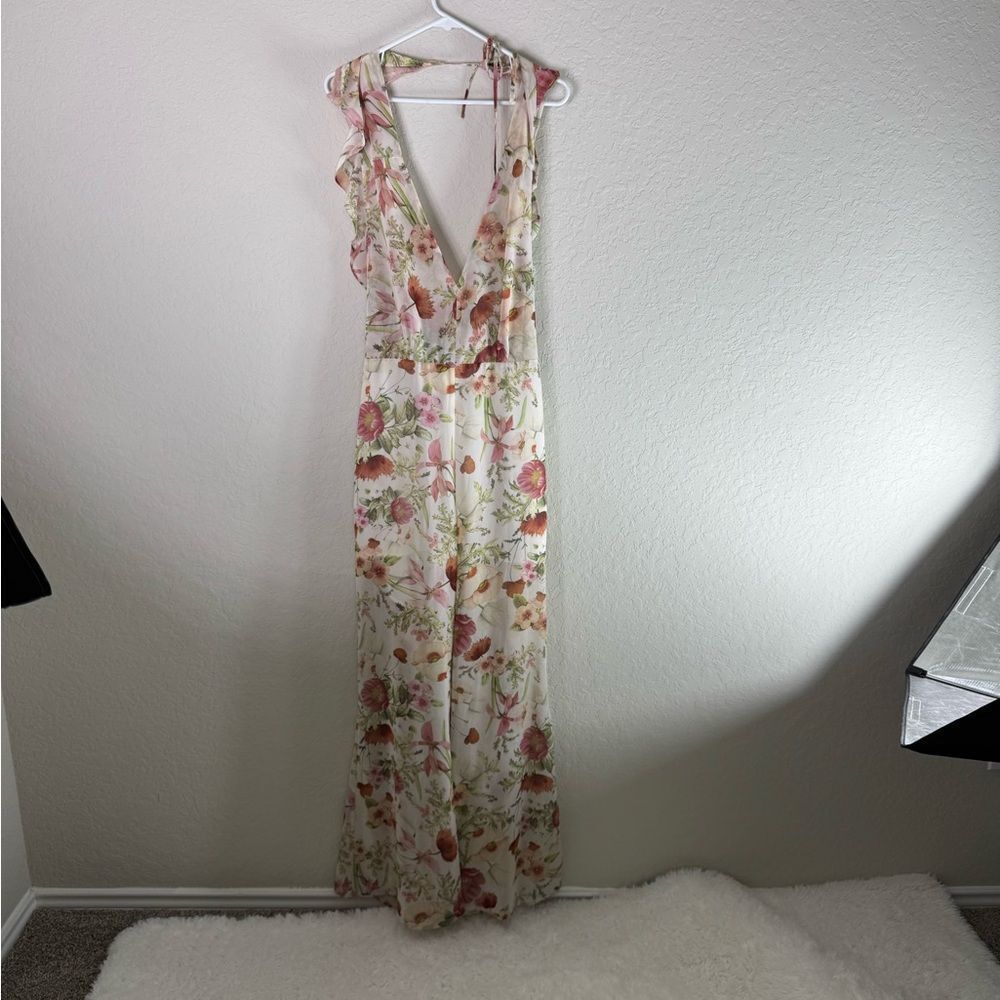 Floral V-Neck Wide Leg Jumpsuit Boho Spring Wedding Guest - Picture 2 of 11